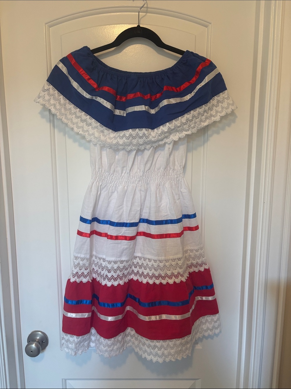Girls' White Off-Shoulder Dress with Red & Blue Ribbon Accents